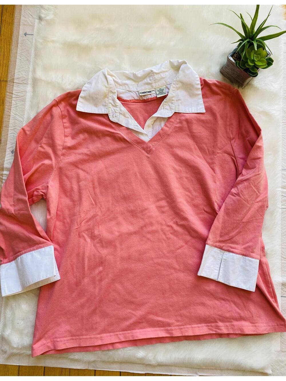 Cherokee Women's Long Sleeve Pink and White Collared Shirt XL